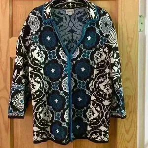 Beautiful Chocolate Brown, Ivory & Teal 3/4 Sleeve Chicos Sweater